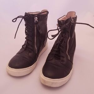 Black & Silver Lace Up Wedge Heel Sneakers